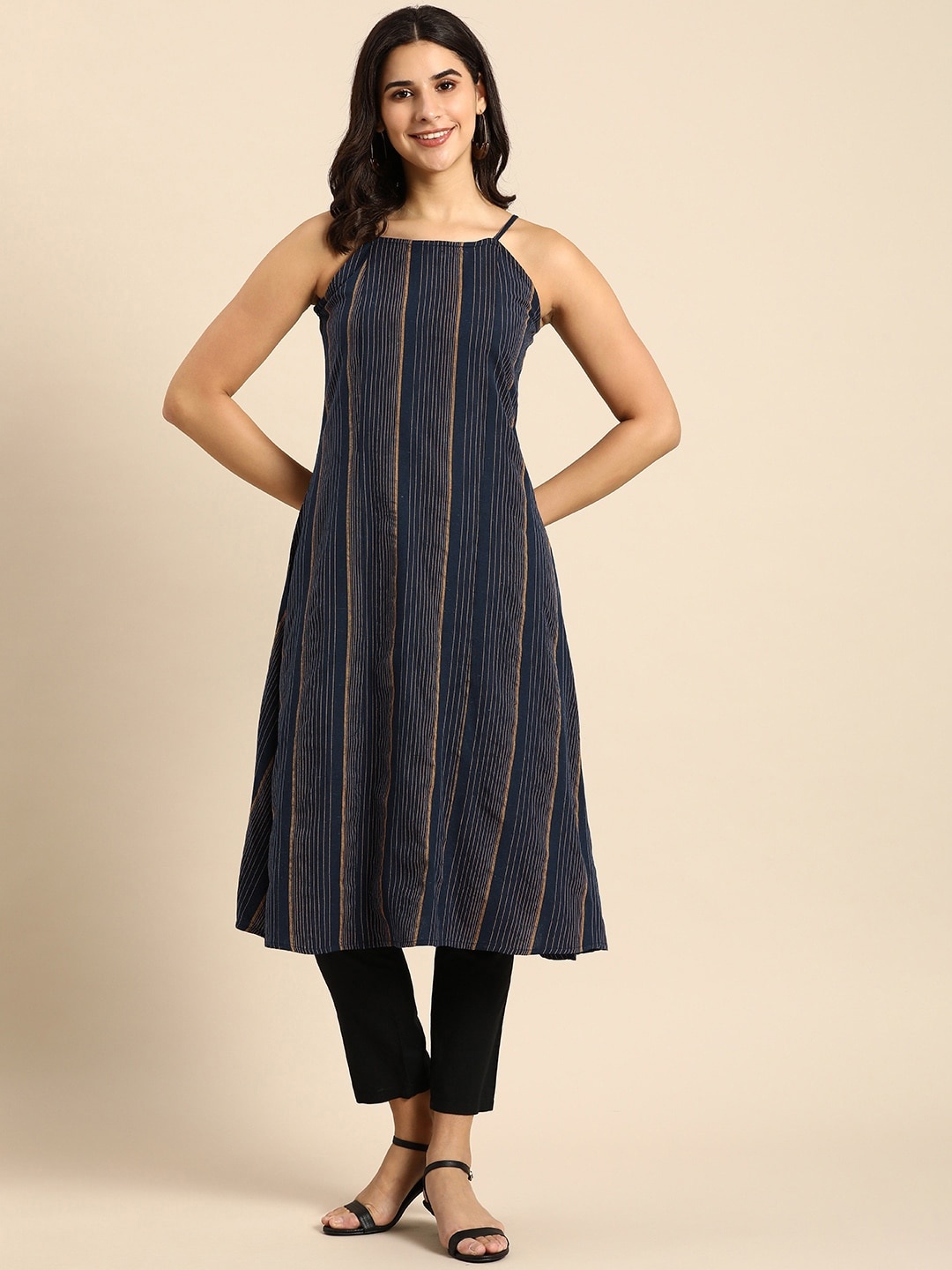 

Anouk Women Sleeveless Striped Kurta, Navy blue
