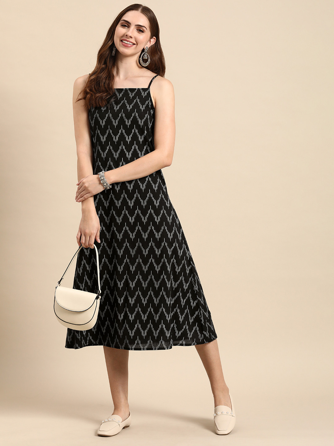 

Anouk Chevron Printed Pure Cotton A-Line Midi Dress, Black