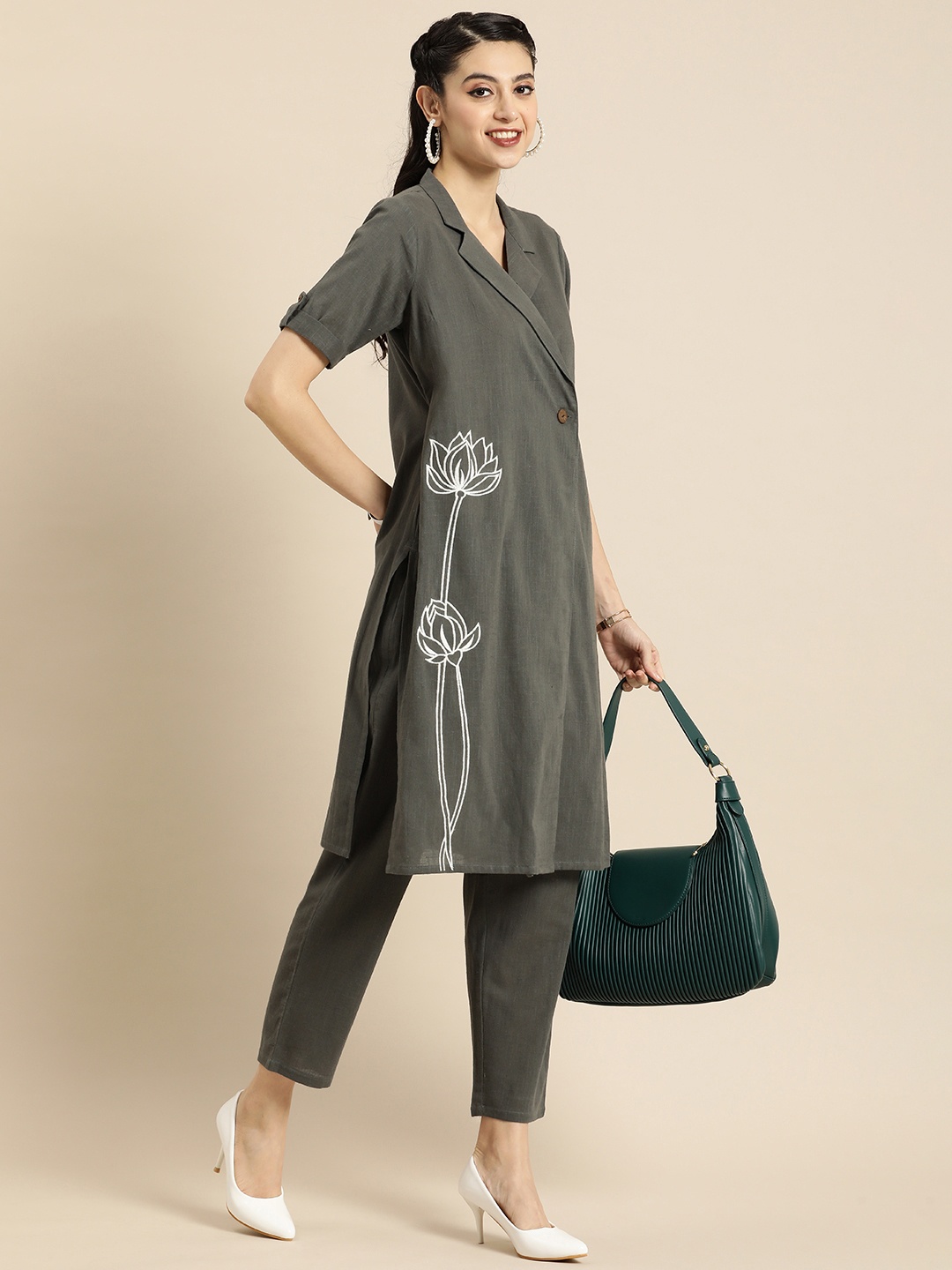 

Anouk Women Embroidered Floral Angrakha Pure Cotton Kurta with Trousers, Grey