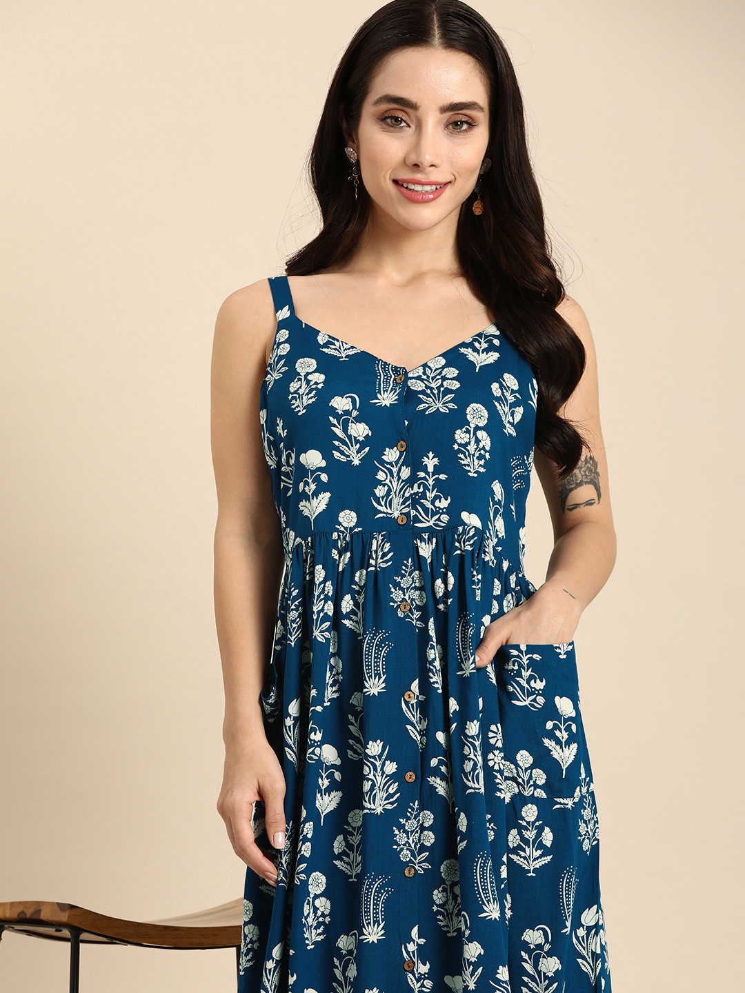 

Anouk Floral Printed A-Line Dress, Blue