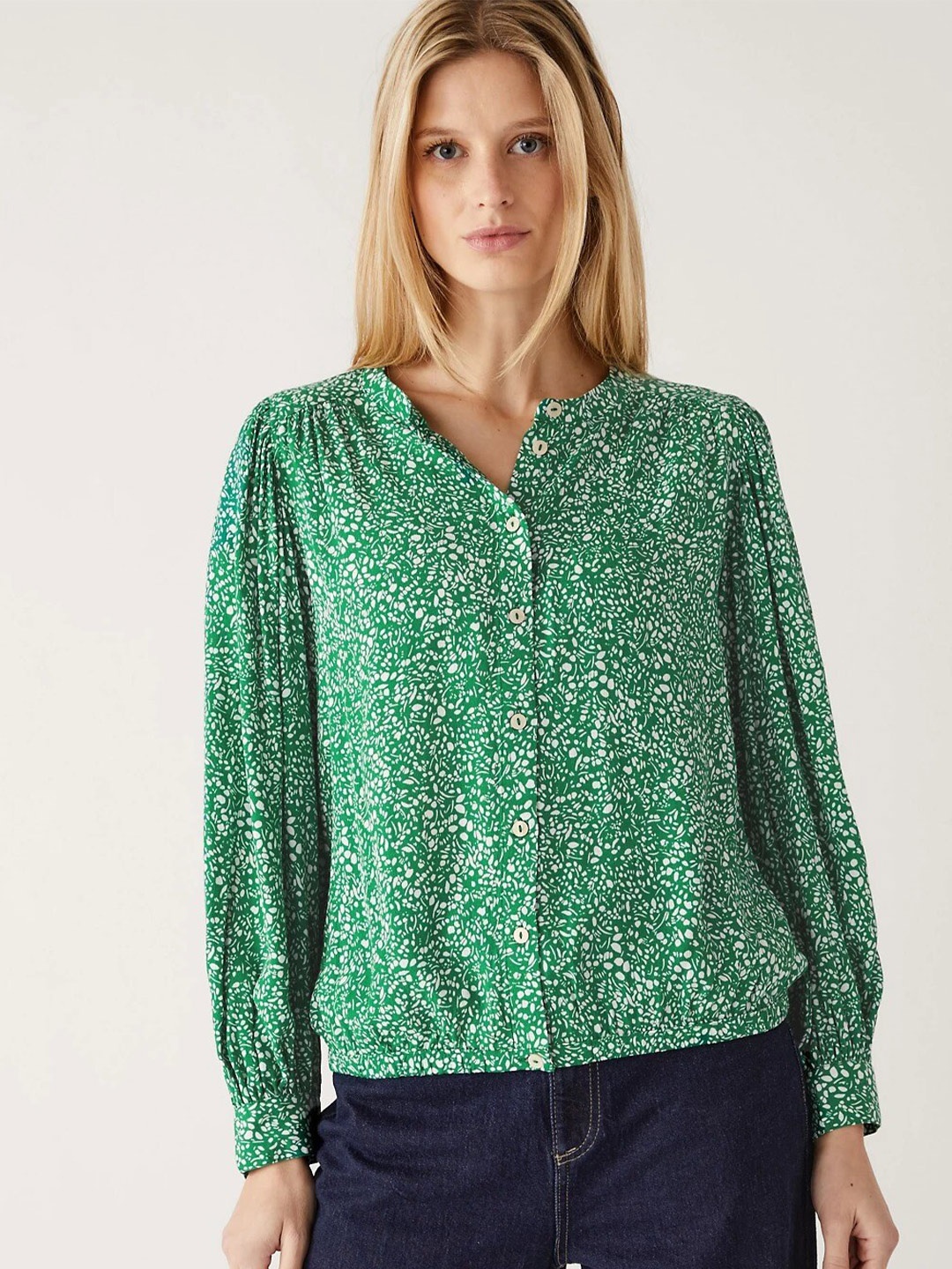 

Marks & Spencer Printed Mandarin Collar Regular Top, Green
