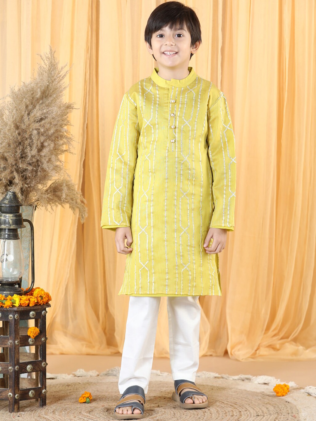 

PICCOLO Boys Embroidered Gotta Patti Chanderi Silk Kurta with Pyjamas, Yellow