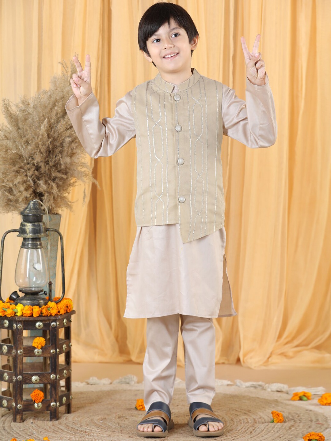 

PICCOLO Boys Pure Cotton Kurta with Pyjamas & Nehru Jacket, Taupe