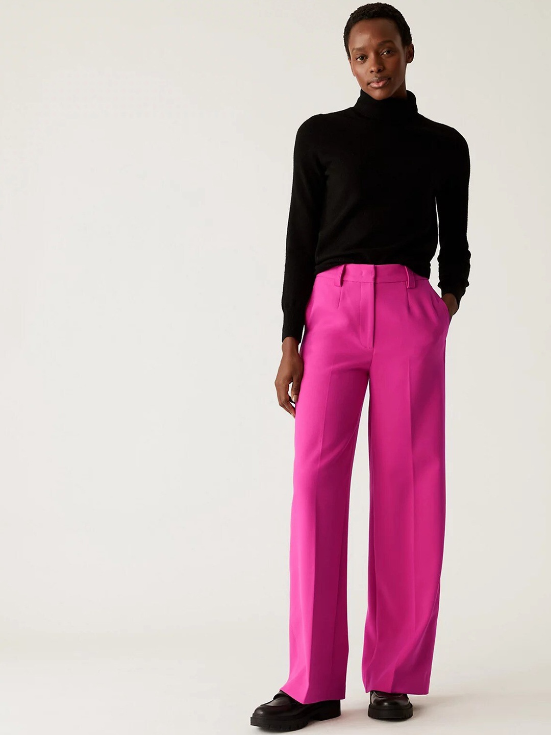 

Marks & Spencer Women Straight Fit High-Rise Parallel Trousers, Pink