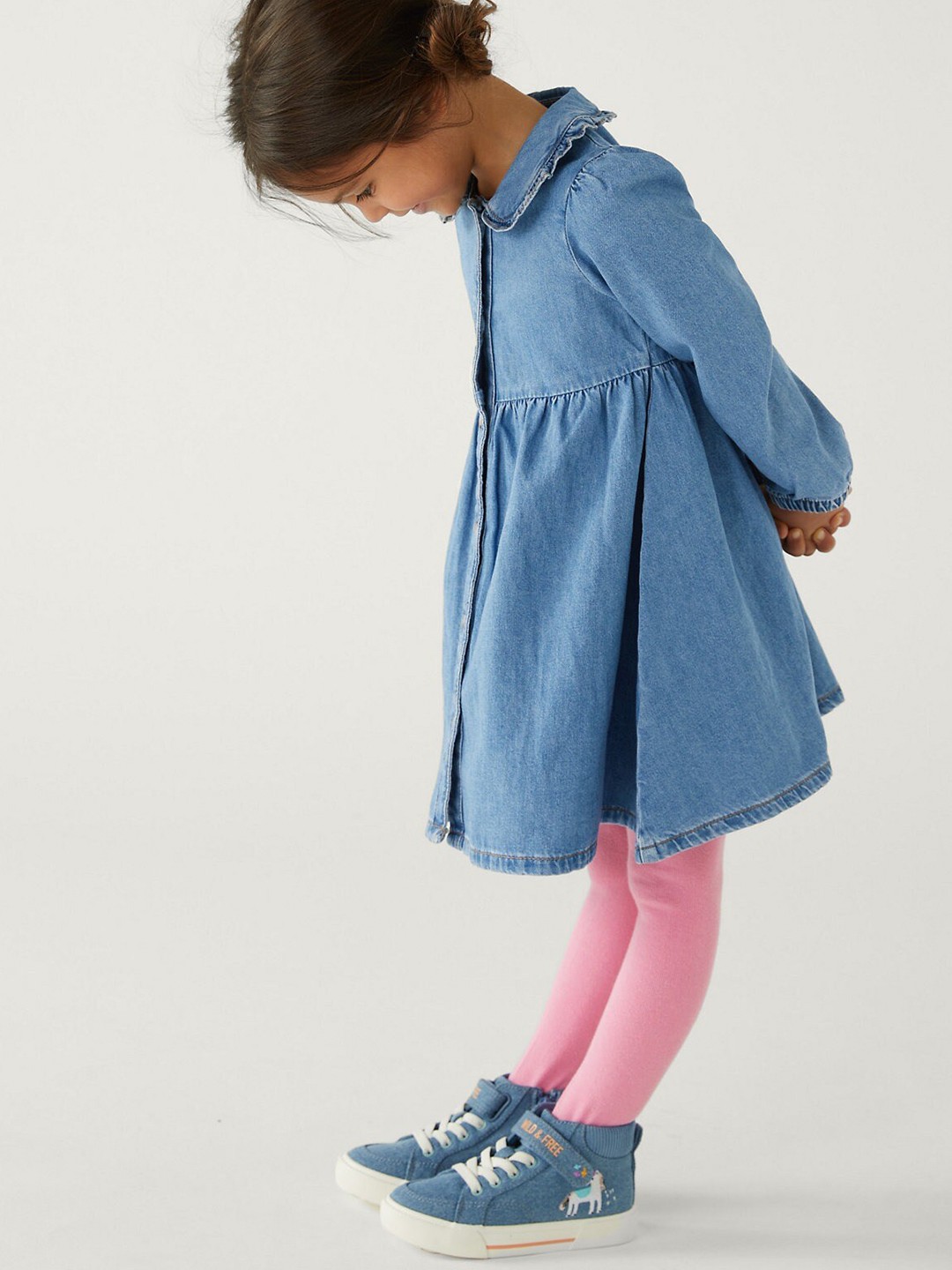 

Marks & Spencer Girls Puff Sleeves Peter Pan Collar Pure Cotton Fit & Flare Dress, Blue