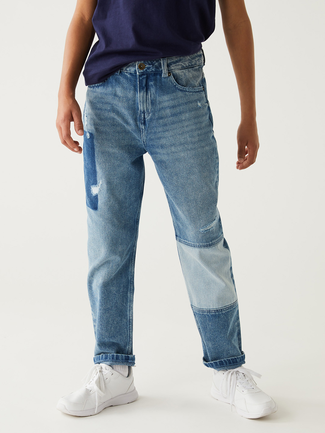 

Marks & Spencer Boys Cotton High-Rise Mildly Distressed Light Fade Jeans, Blue