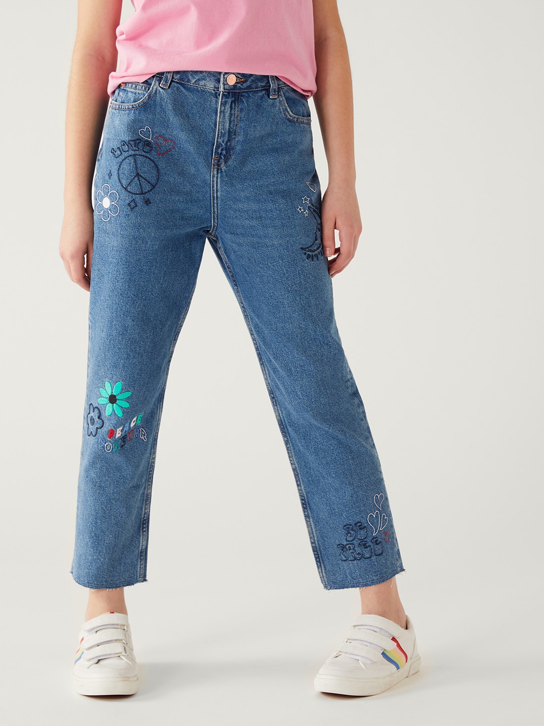 

Marks & Spencer Girls Cotton High-Rise Embroidered Jeans, Blue