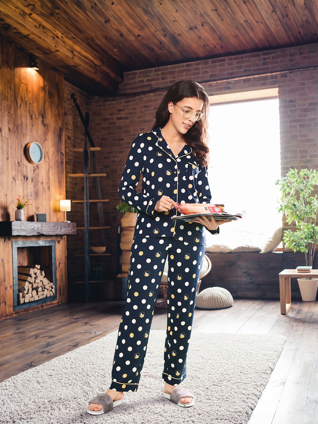 

Marks & Spencer Women 2 Pieces Polka Dots Printed Night Suit, Navy blue