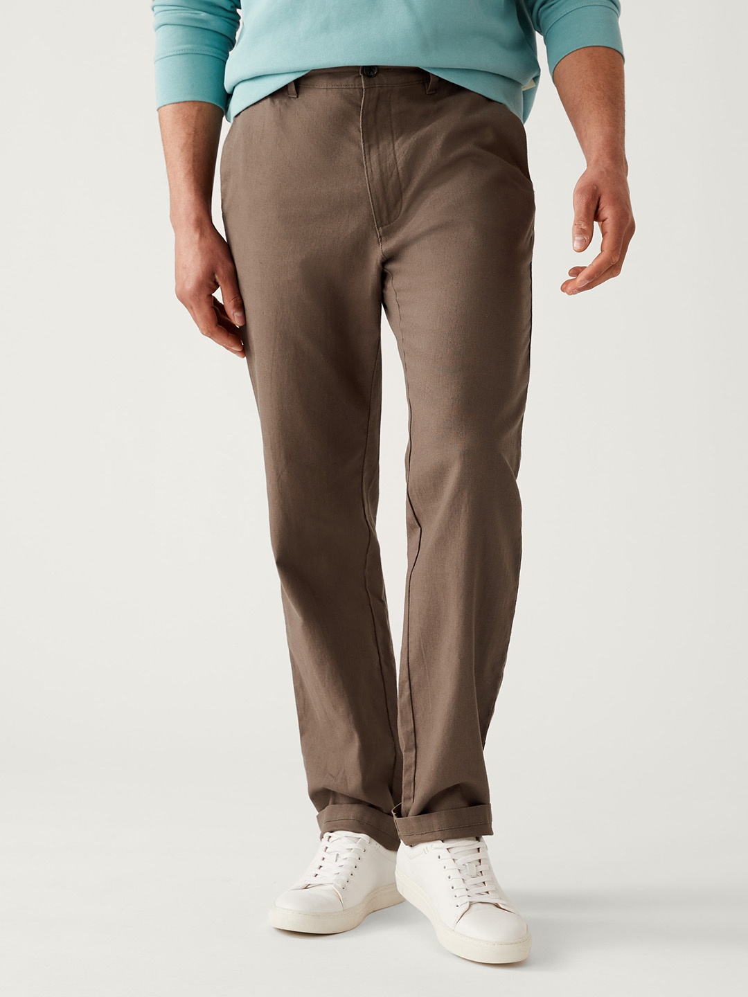 

Marks & Spencer Men Flat-Front High-Rise Regular Trousers, Brown