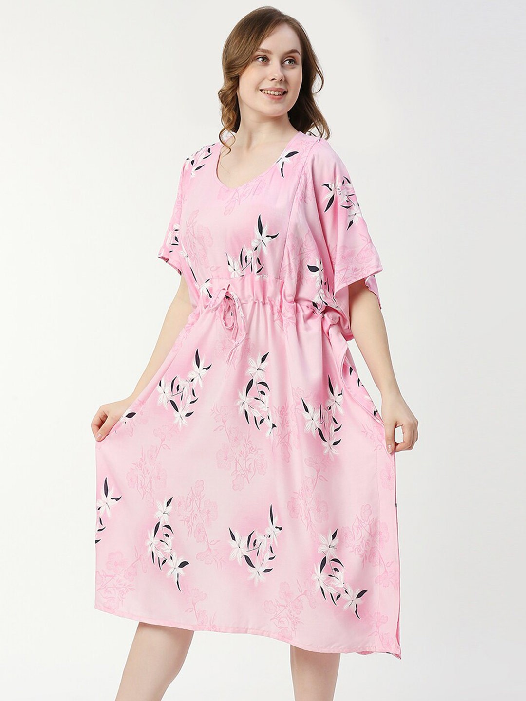 

Pretty Awesome Floral Printed V-Neck Maternity Kaftan Nightdress, Pink