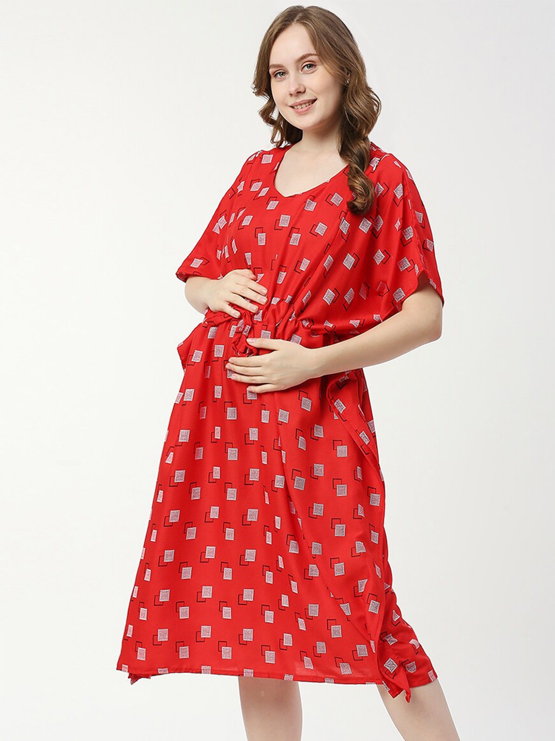 

Pretty Awesome Printed V-Neck Maternity Kaftan Nightdress, Red