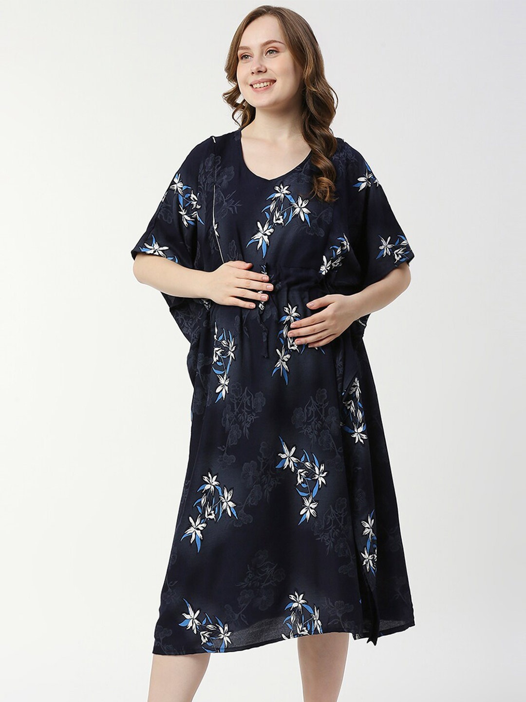

Pretty Awesome Floral Printed V-Neck Maternity Kaftan Nightdress, Navy blue