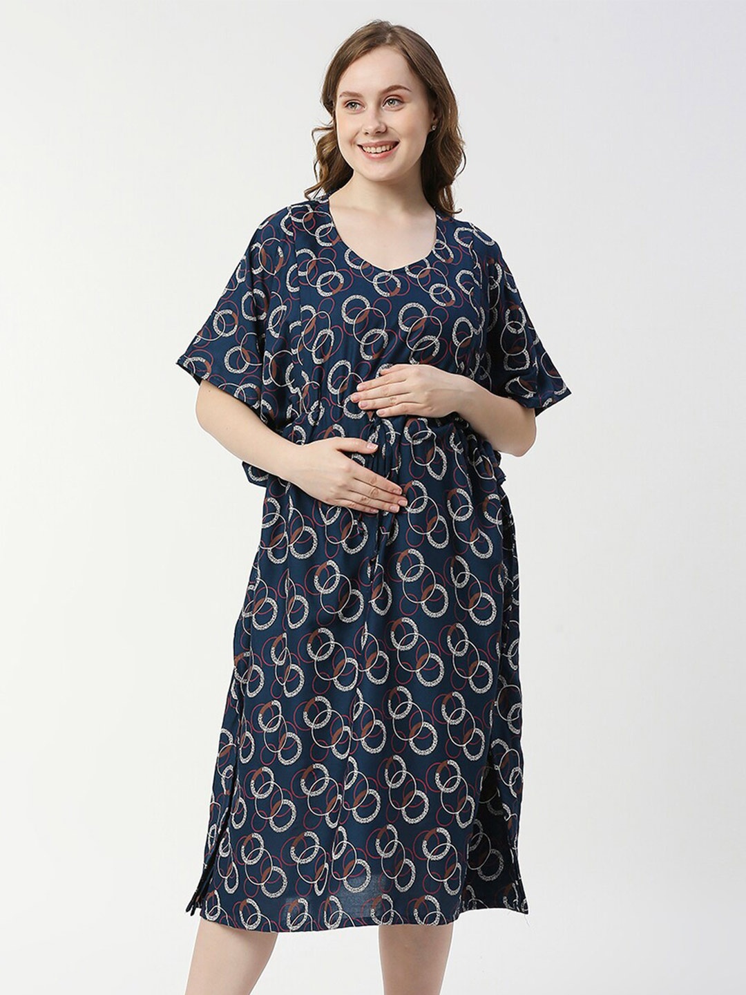 

Pretty Awesome Printed V-Neck Maternity Kaftan Nightdress, Navy blue