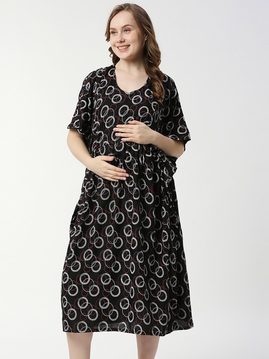 

Pretty Awesome Printed V-Neck Maternity Kaftan Nightdress, Black