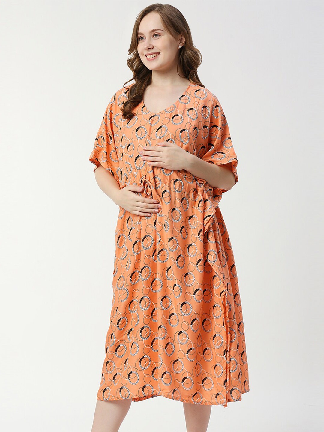 

Pretty Awesome Printed V-Neck Maternity Kaftan Nightdress, Orange