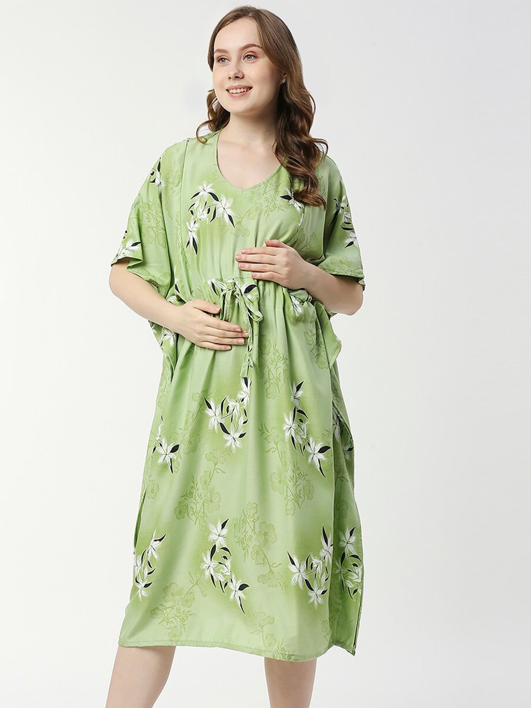 

Pretty Awesome Floral Printed V-Neck Maternity Kaftan Nightdress, Green