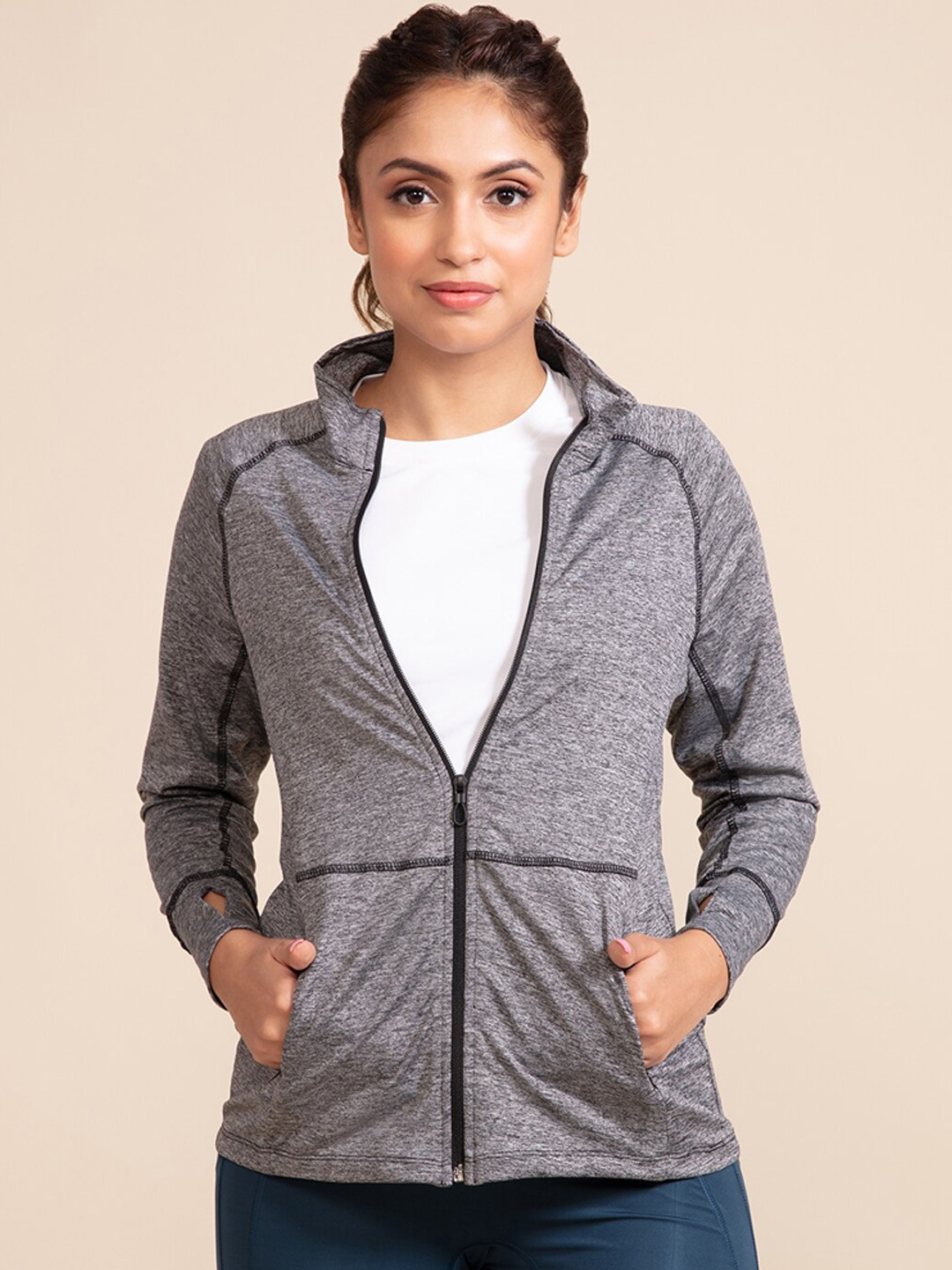 

Nykd Women Mock Collar Sporty Jacket, Grey