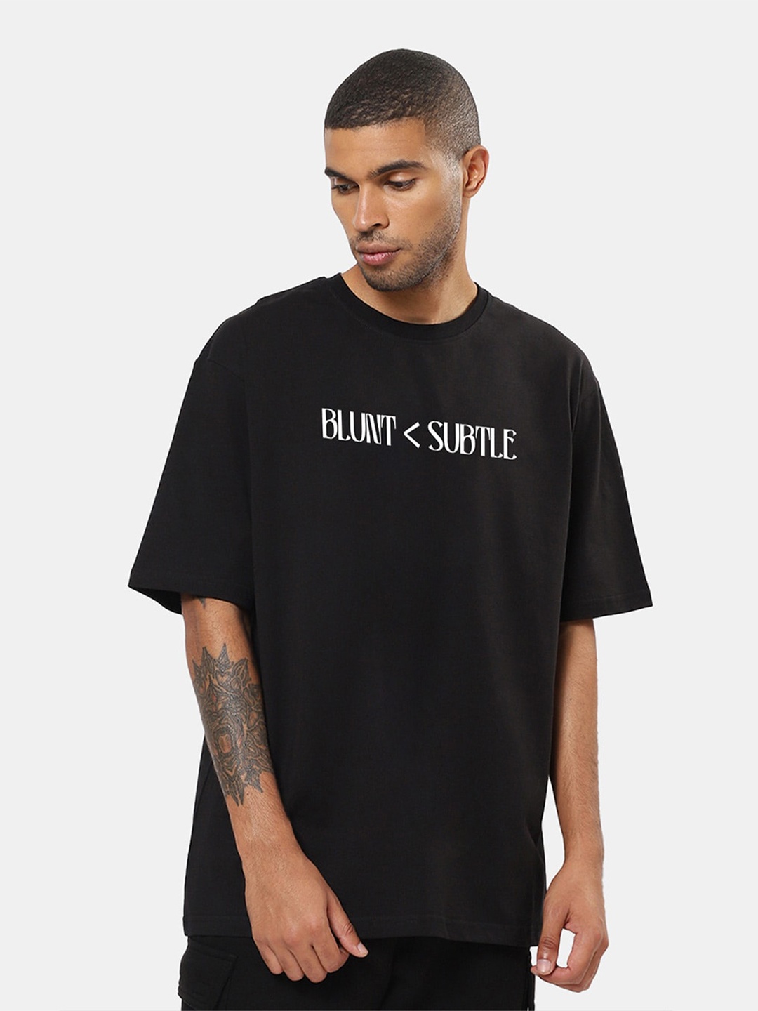 

Mad Over Print Men Blunt Subtle Oversized Cotton T-shirt, Black