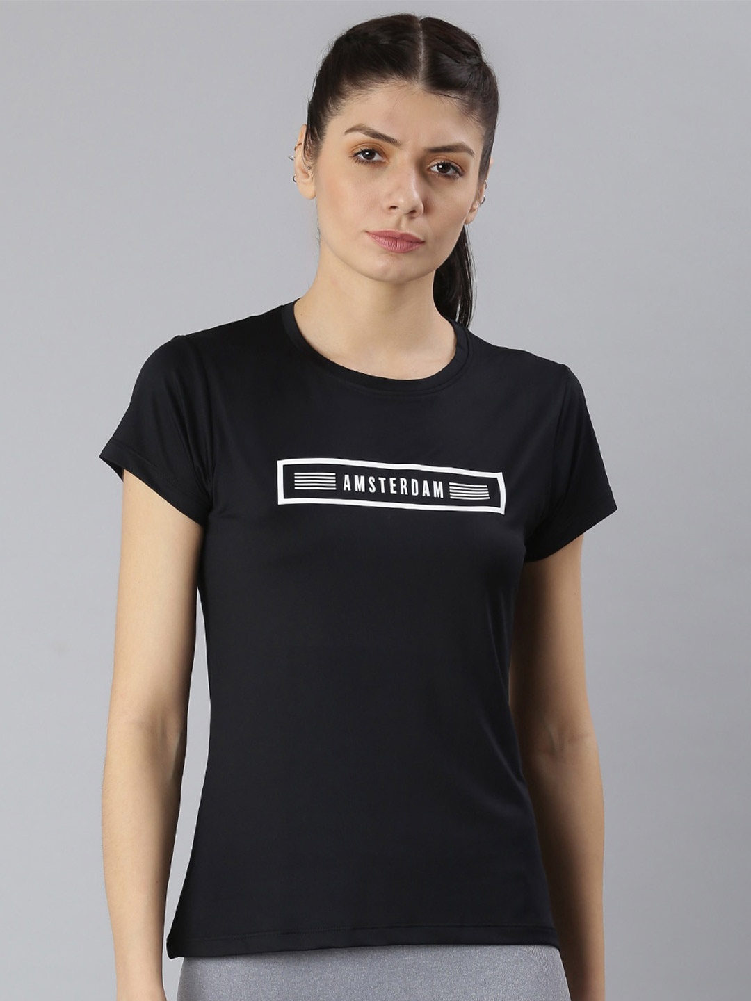 

MKH Women Printed Round Neck Dri-FIT Gym T-shirt, Black
