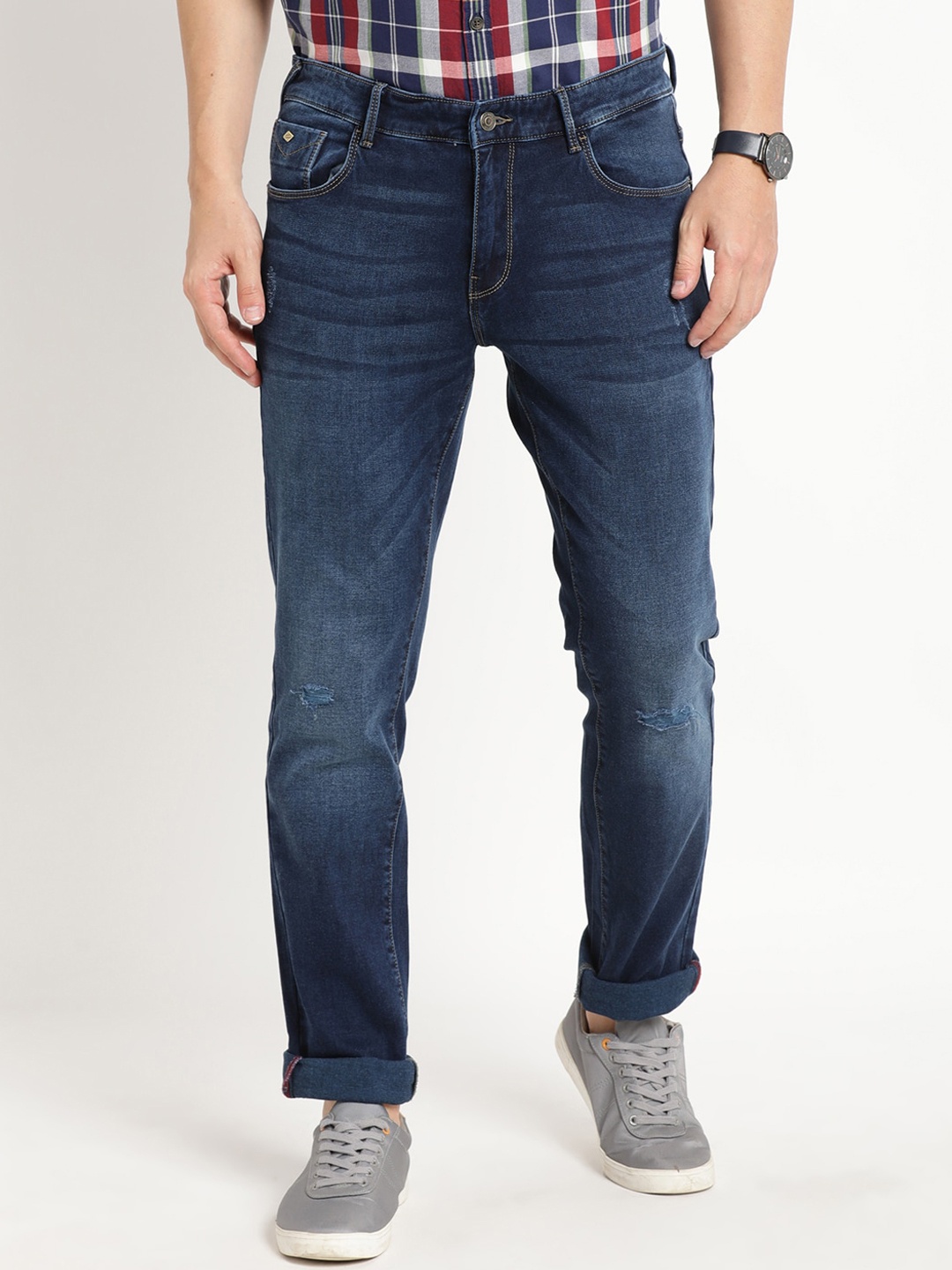 

Indian Terrain Men Brooklyn Slim Fit Low Distress Heavy Fade Pure Cotton Jeans, Navy blue