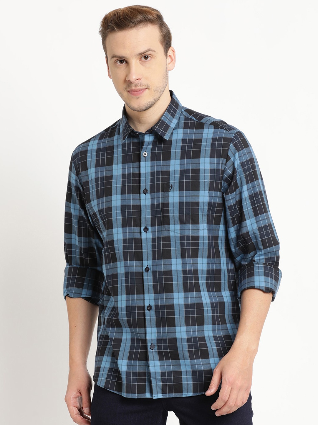 

Indian Terrain Men Chiseled Slim Fit Tartan Checked Pure Cotton Casual Shirt, Blue