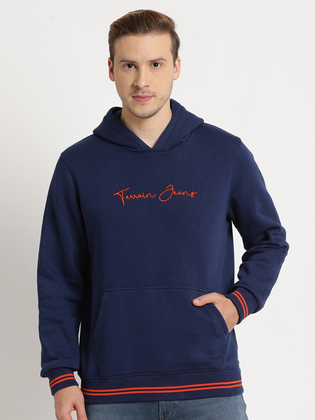 

Indian Terrain Men Hooded Printed Cotton Sweatshirt, Blue