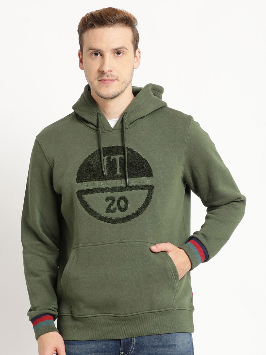 

Indian Terrain Men Green Printed Hooded Cotton Sweatshirt