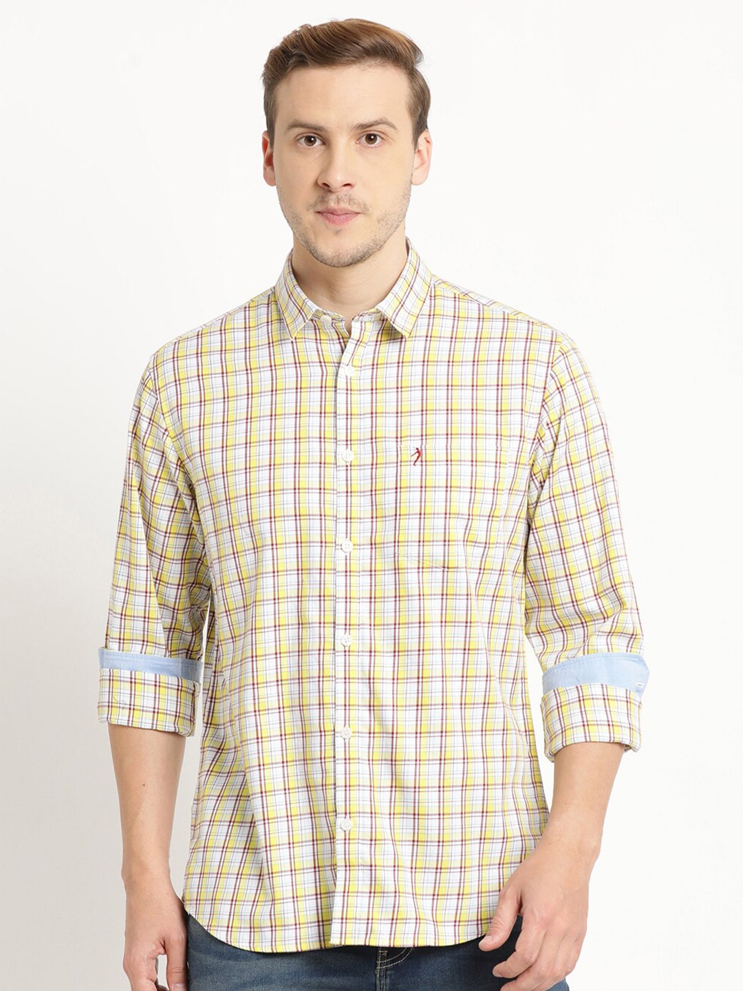 

Indian Terrain Men Chiseled Slim Fit Tartan Checks Pure Cotton Casual Shirt, Yellow
