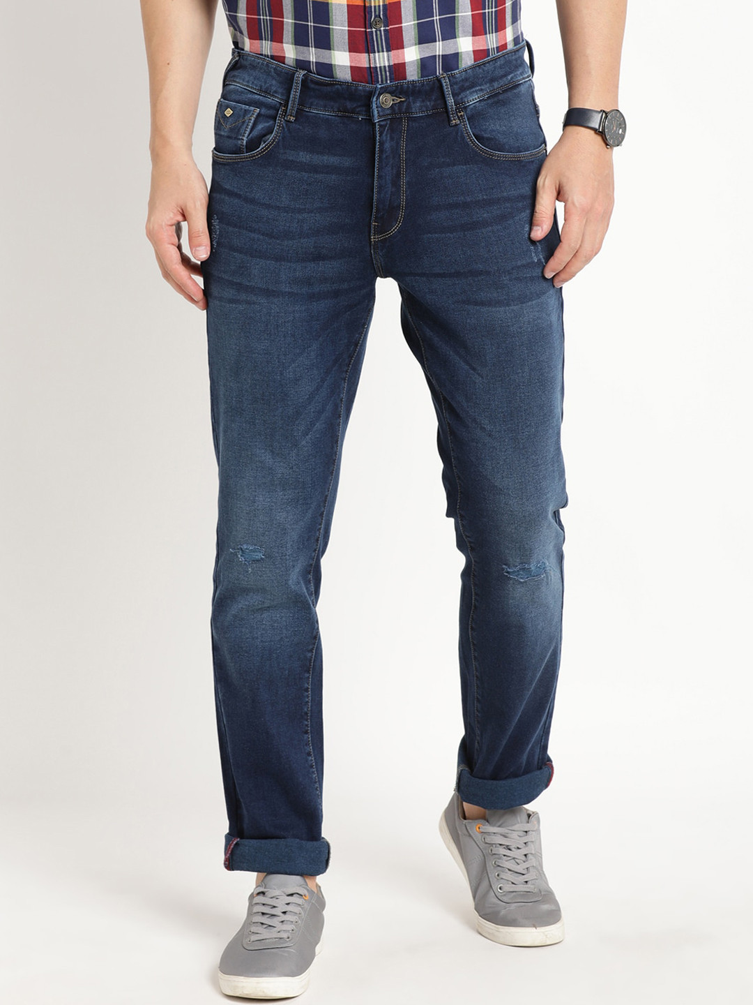 

Indian Terrain Men Brooklyn Slim Fit Low Distress Heavy Fade Pure Cotton Jeans, Navy blue