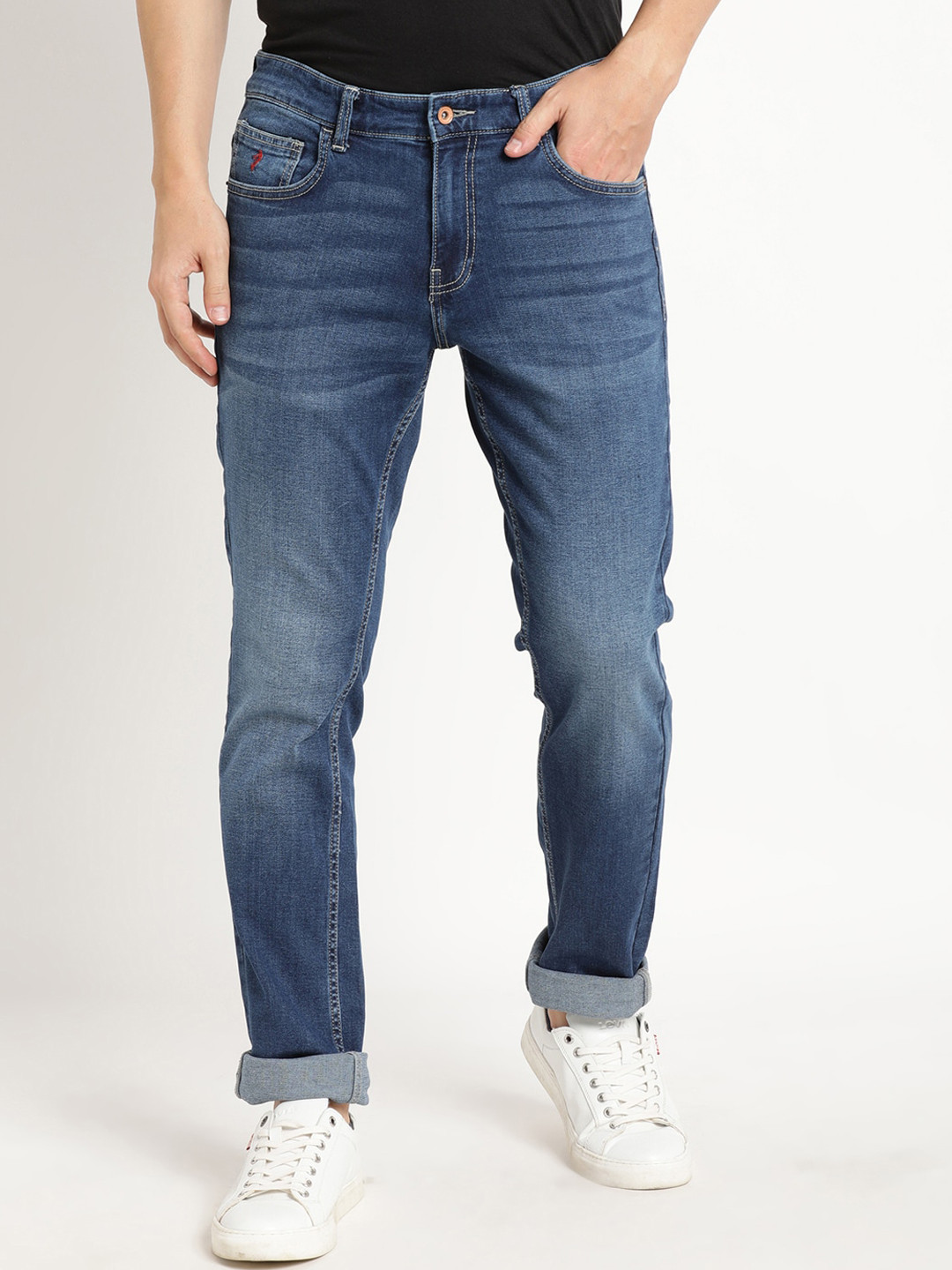 

Indian Terrain Men Brooklyn Slim Fit Light Fade Pure Cotton Jeans, Navy blue