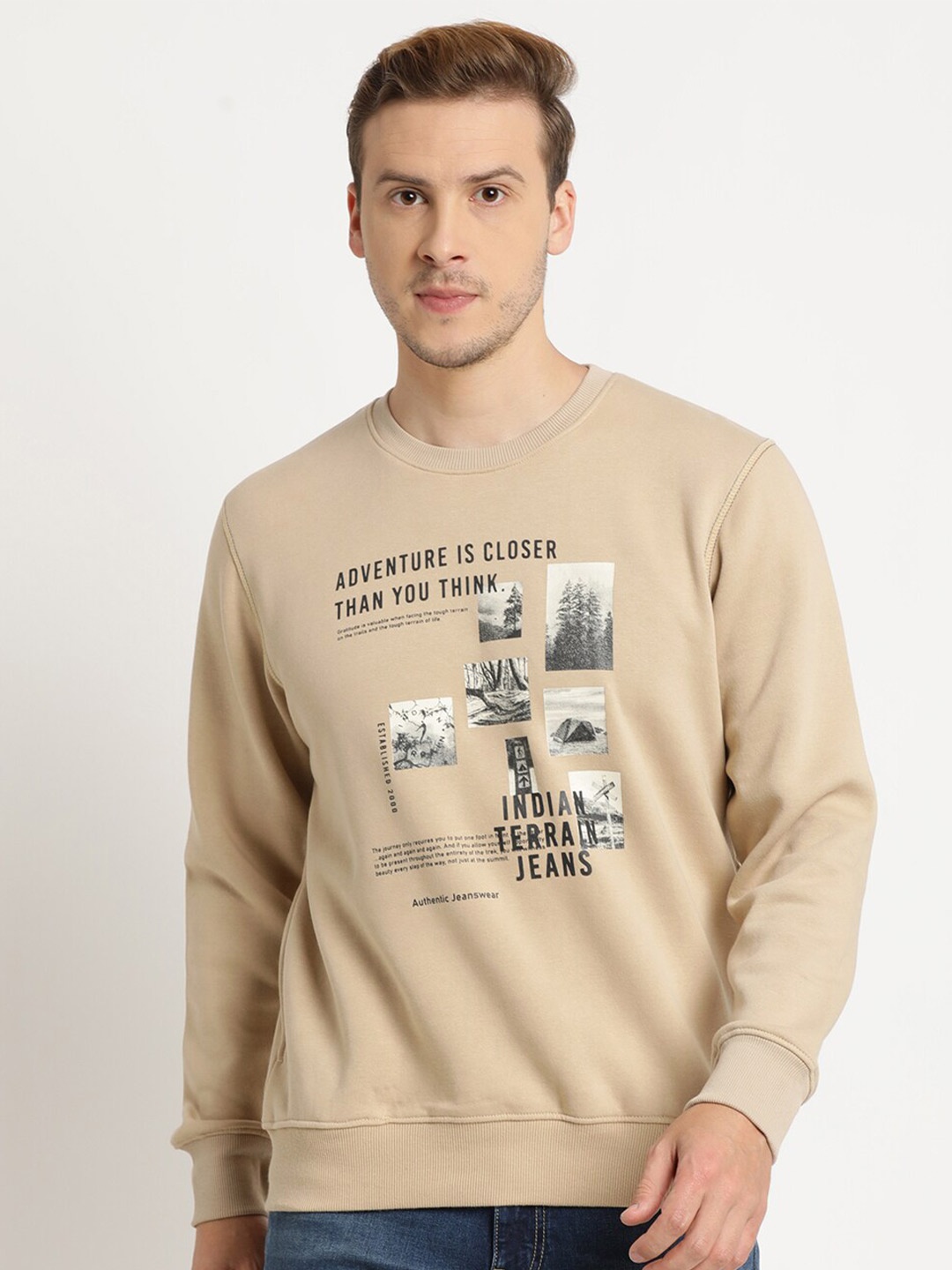 

Indian Terrain Men Printed Cotton Sweatshirt, Cream