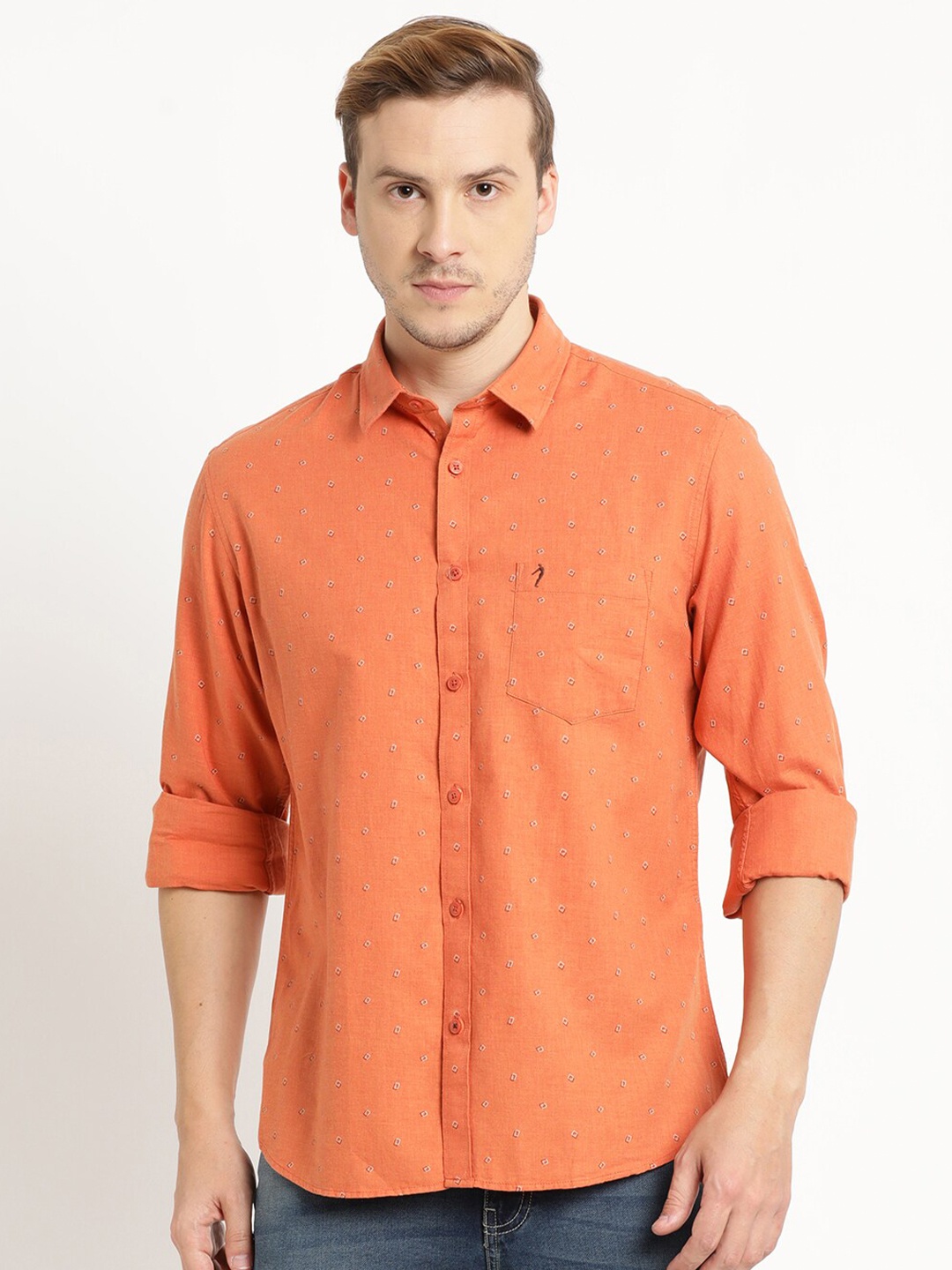 

Indian Terrain Men Chiseled Slim Fit Printed Pure Cotton Casual Shirt, Orange