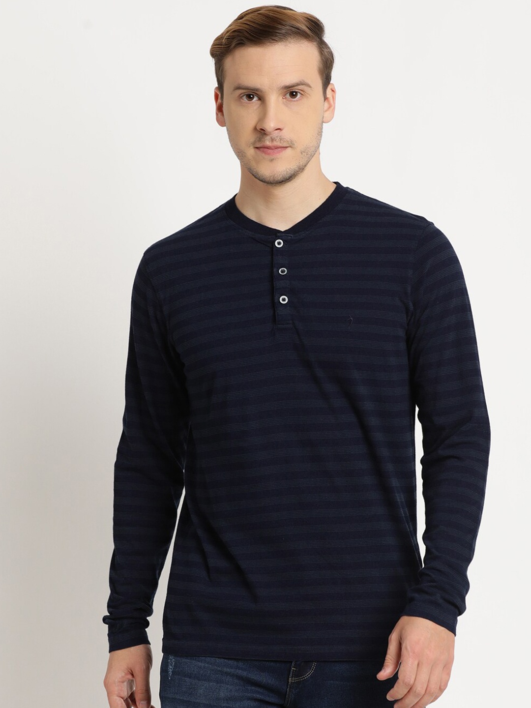 

Indian Terrain Men Pure Cotton Henley Neck Slim Fit T-shirt, Blue