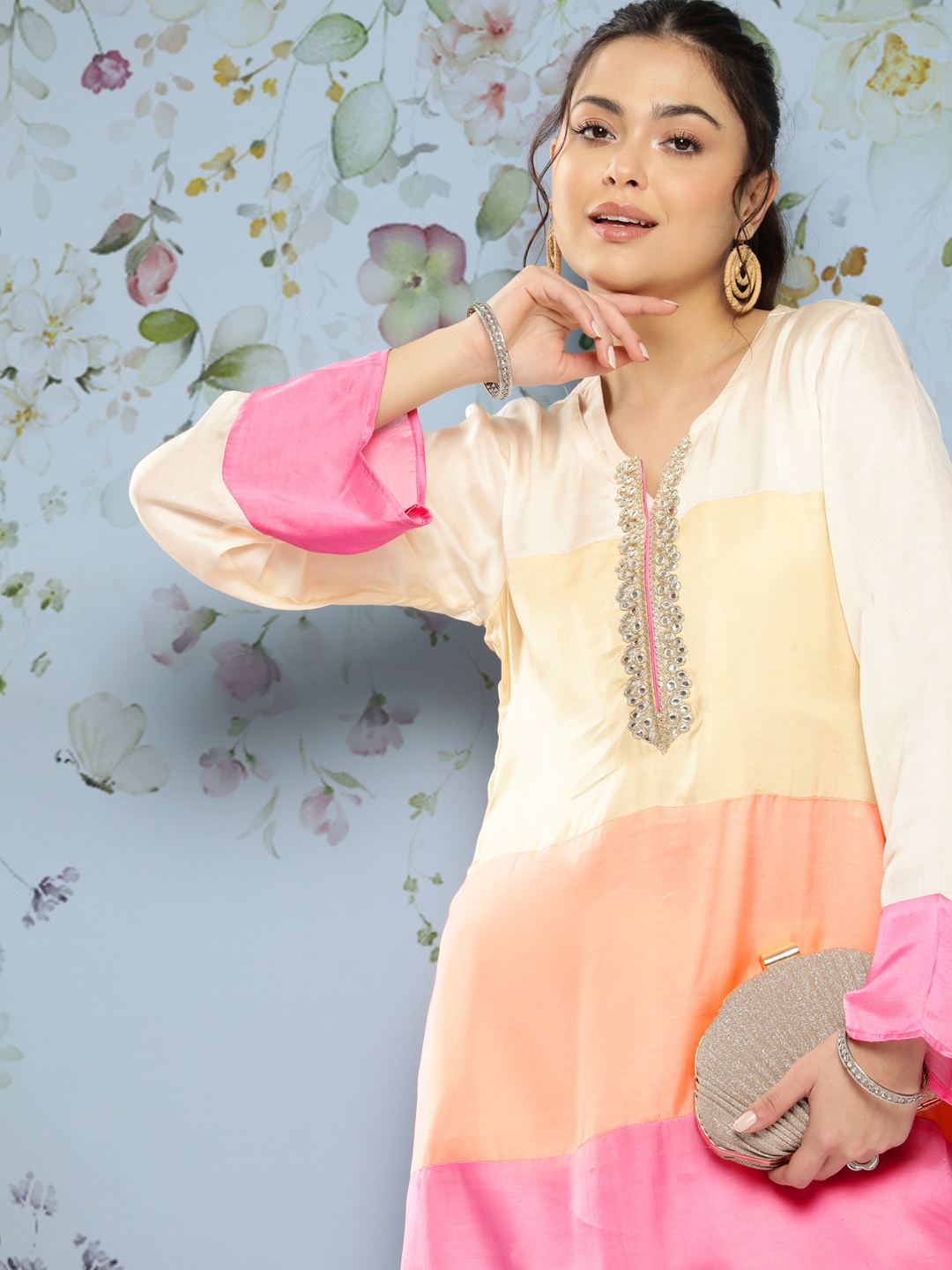 

FASHOR Colourblocked Mirror Work Kurta With Dhoti Pants & Slip, Multi
