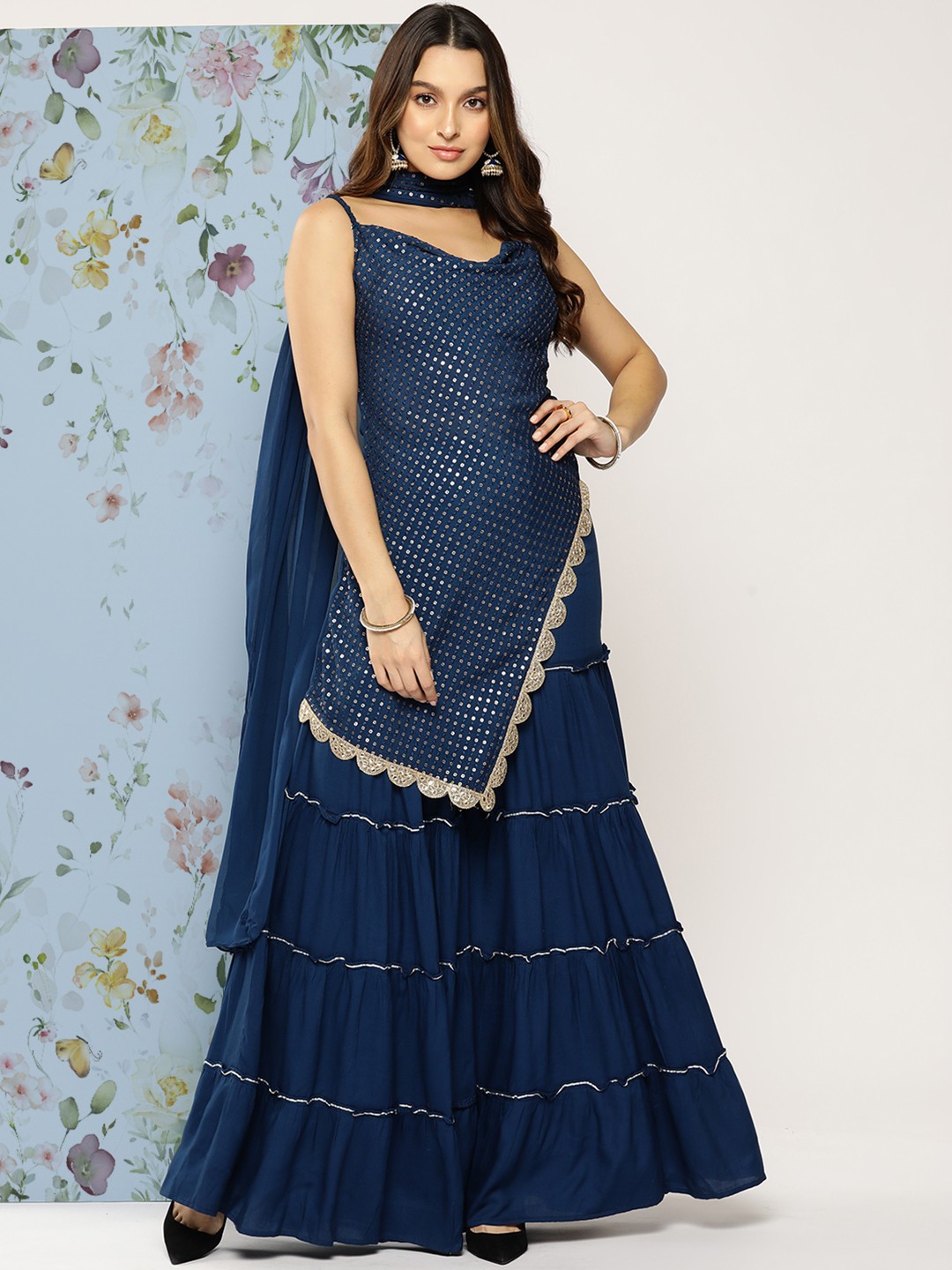

FASHOR Sequinned Kurta with Sharara & Dupatta, Navy blue