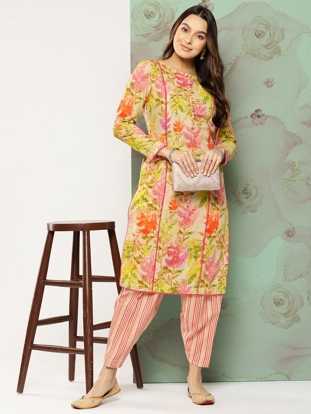 

FASHOR Floral Printed Thread Work Pure Cotton Kurta with Salwar, Green