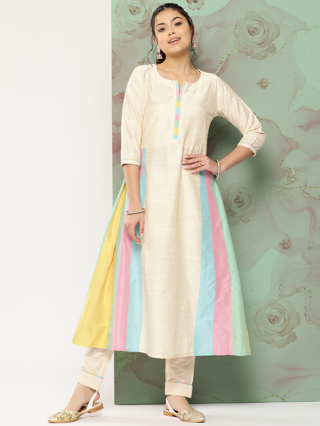 

FASHOR Colourblocked Pure Cotton Kurta With Trousers, Off white