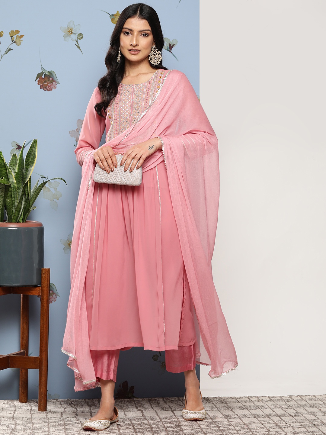 

Varanga Women Ethnic Motifs Embroidered Sequinned Silk Georgette Kurta Set, Pink