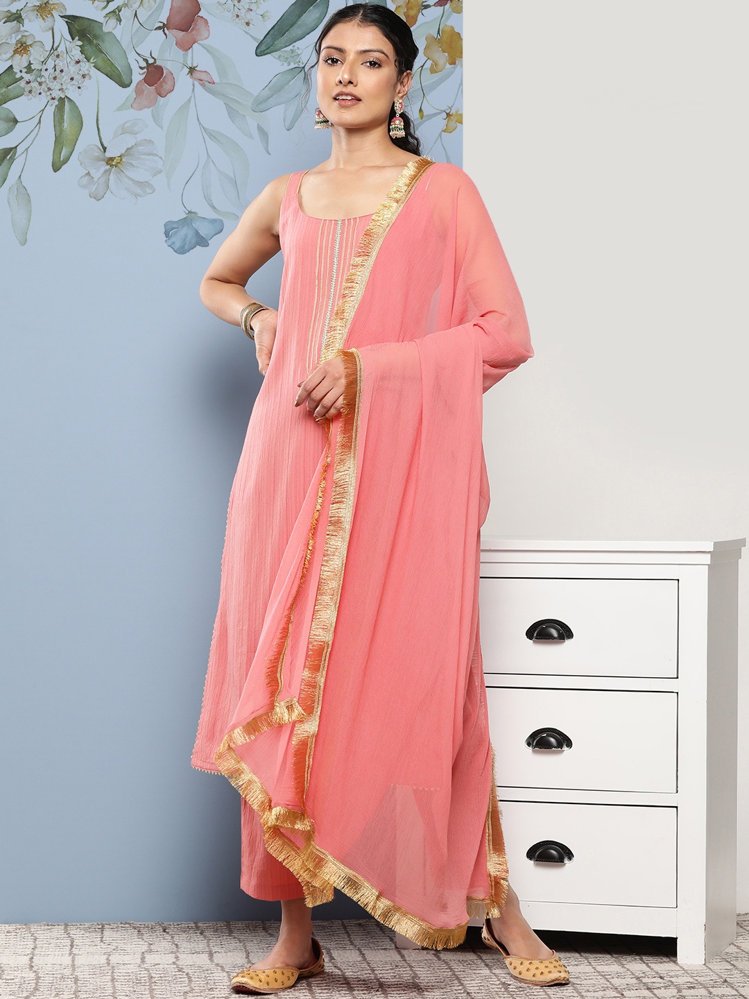 

Varanga Women Yoke Design Silk Crepe Kurta With Trousers & Dupatta, Peach
