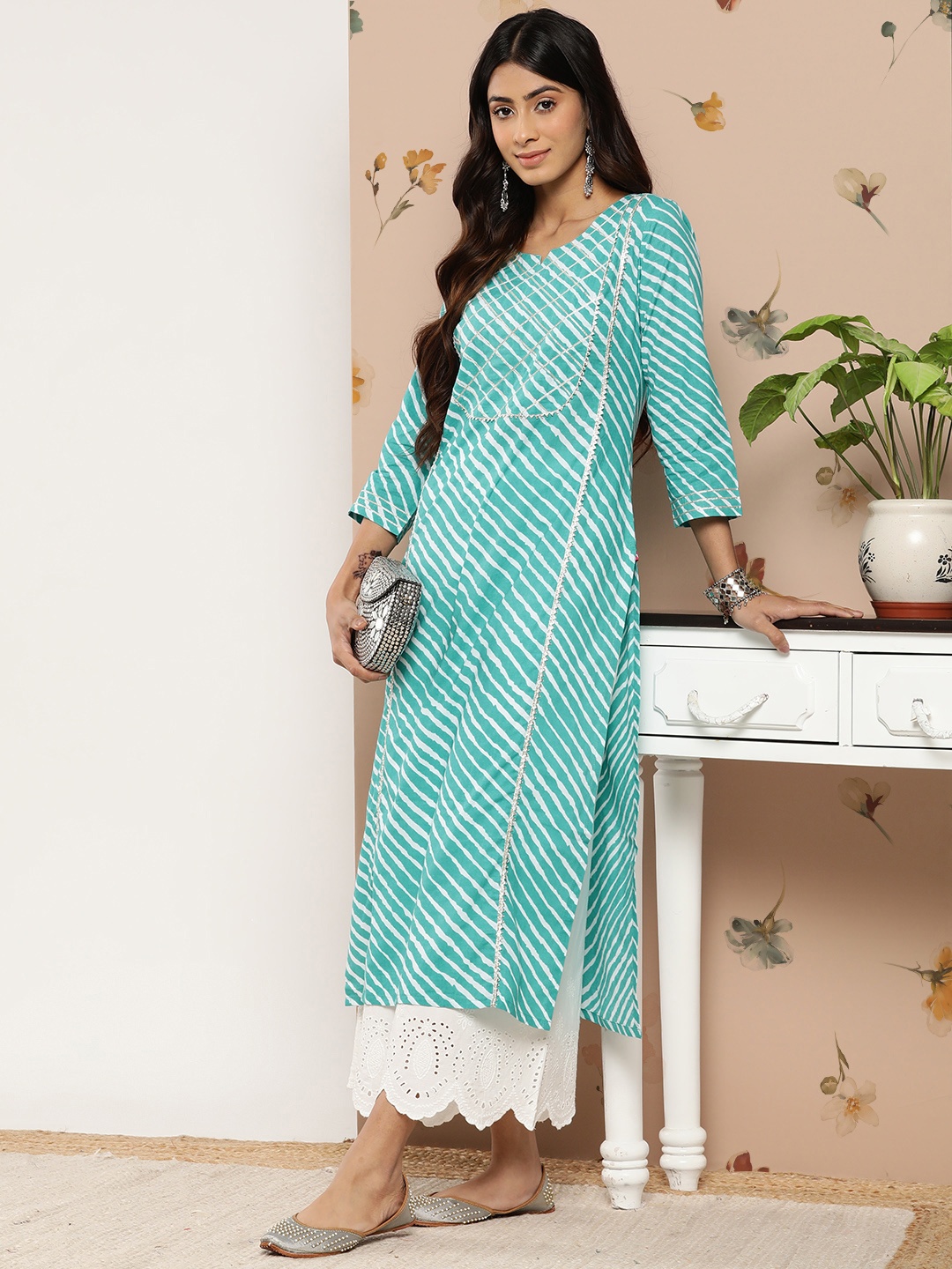 

Varanga Women Leheriya Printed Gotta Patti Kurta, Turquoise blue