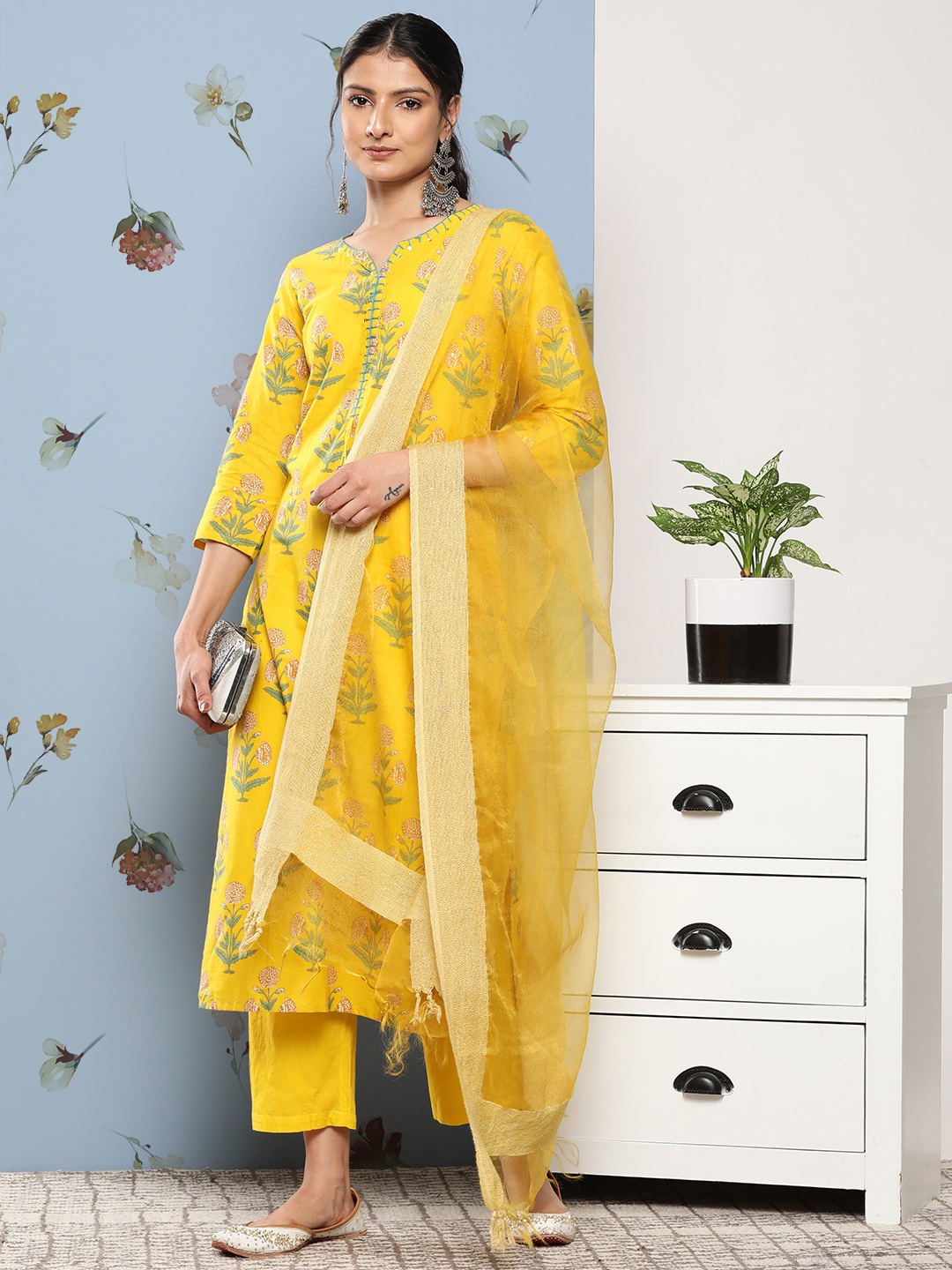 

Varanga Women Yellow Floral Printed Sequinned Pure Cotton Kurta with Trousers & With Dupatta