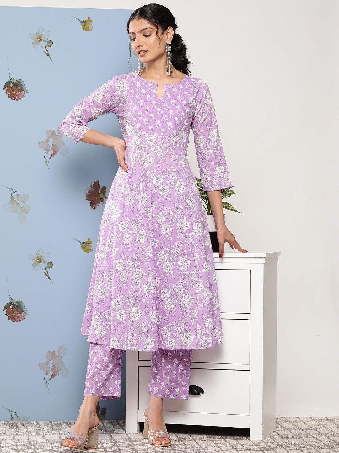 

Varanga Women Purple Floral Printed Empire Gotta Patti Pure Cotton Kurta with Trousers