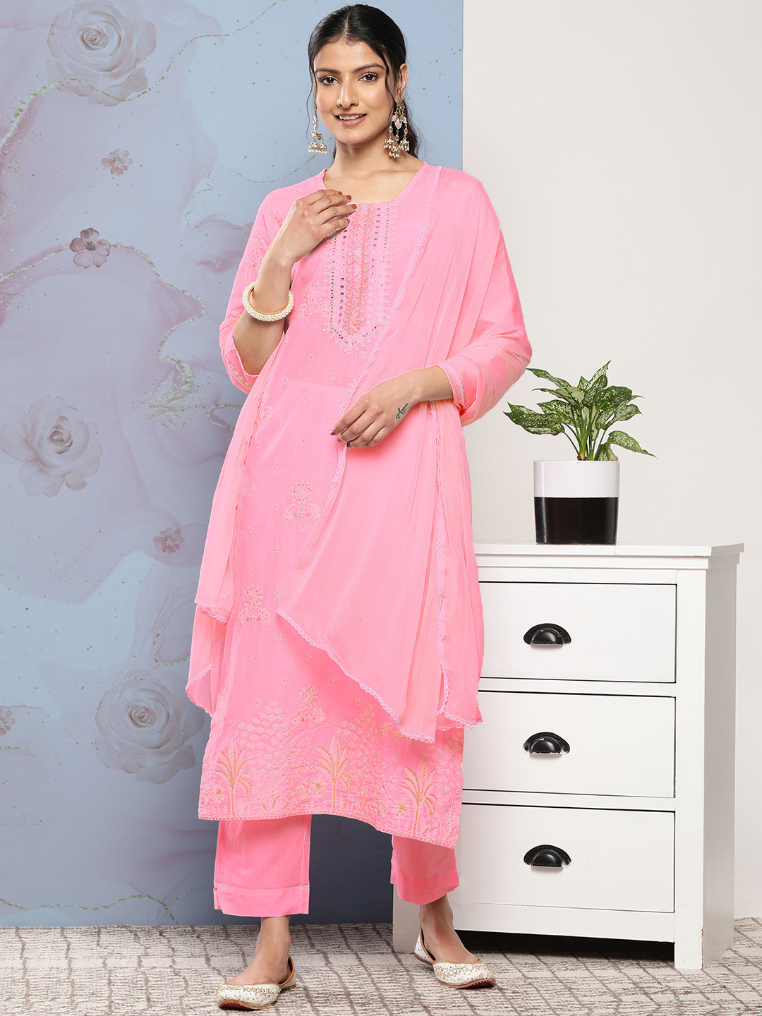 

Varanga Women Pink Floral Embroidered Mirror Work Pure Cotton Kurta with Trousers & With Dupatta