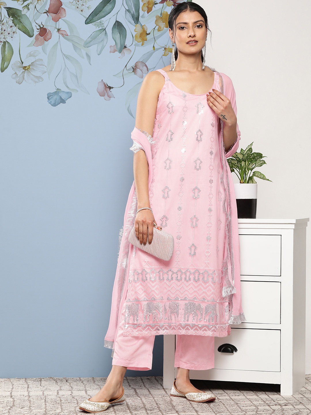 

Varanga Women Pink Ethnic Motifs Embroidered Sequinned Kurta with Trousers & With Dupatta