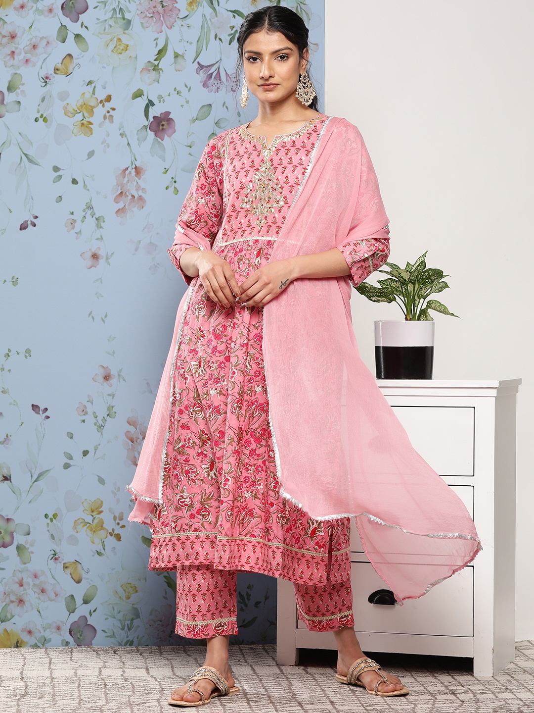 Varanga Women Pink Floral Printed Gotta Patti Pure Cotton Kurta with Trousers & With Dupatta