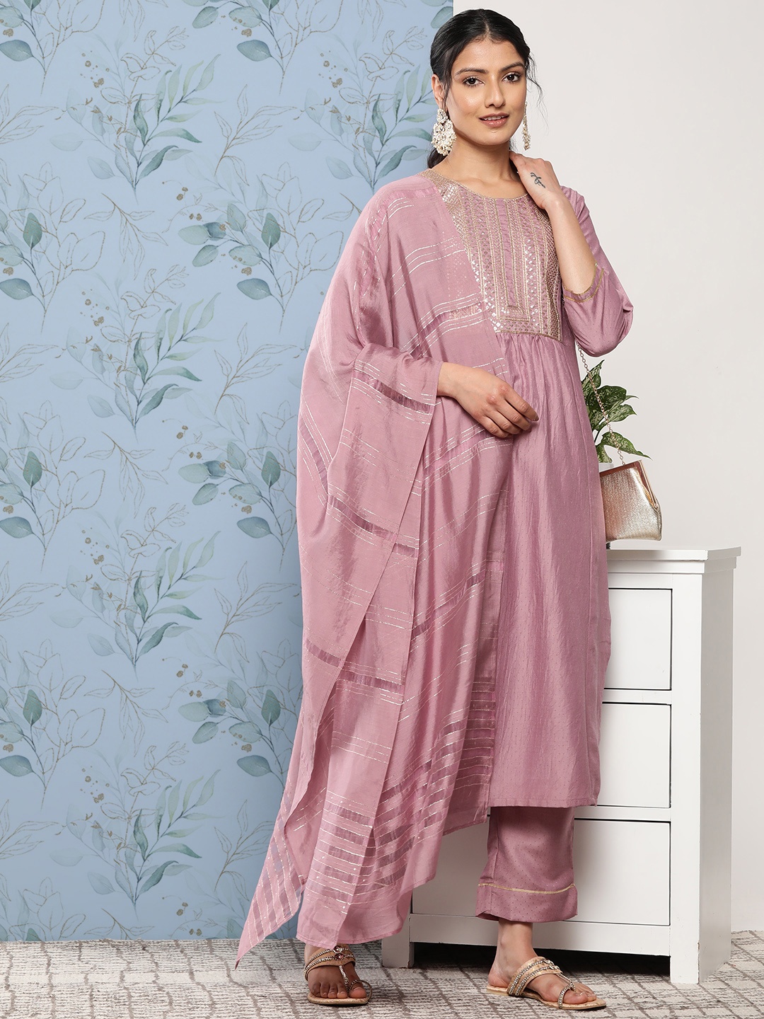 

Varanga Women Mauve Floral Embroidered Sequinned Kurta with Trousers & With Dupatta
