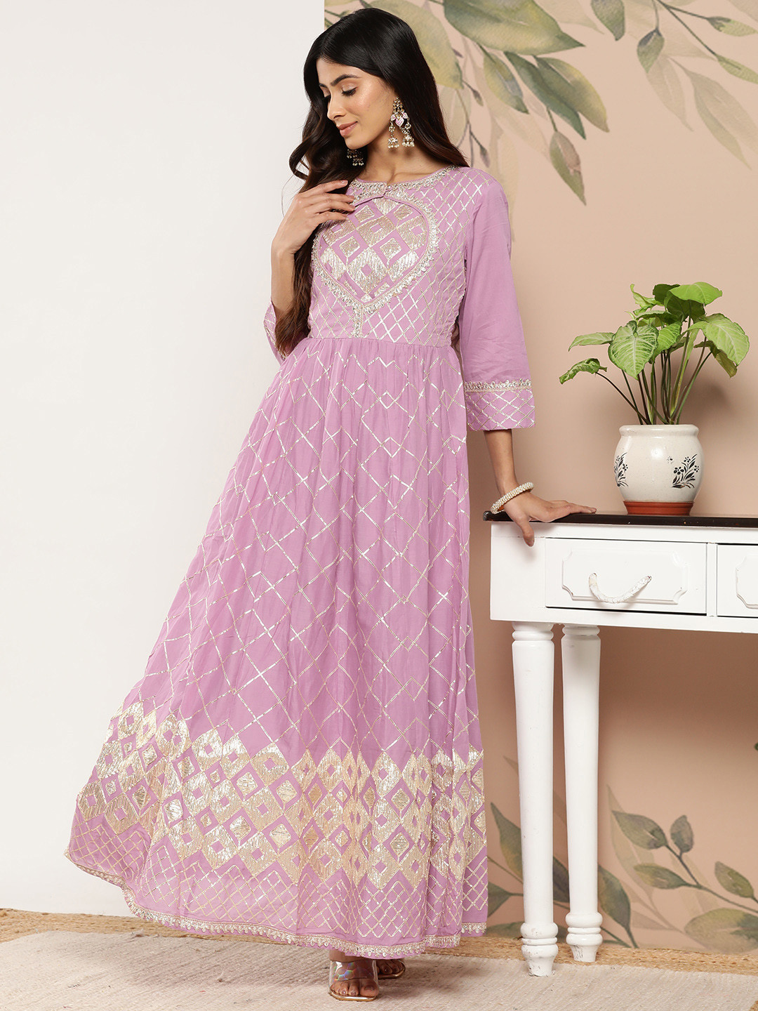 

Varanga Women Lavender & Gold-Toned Embroidered Pastels Anarkali Kurta