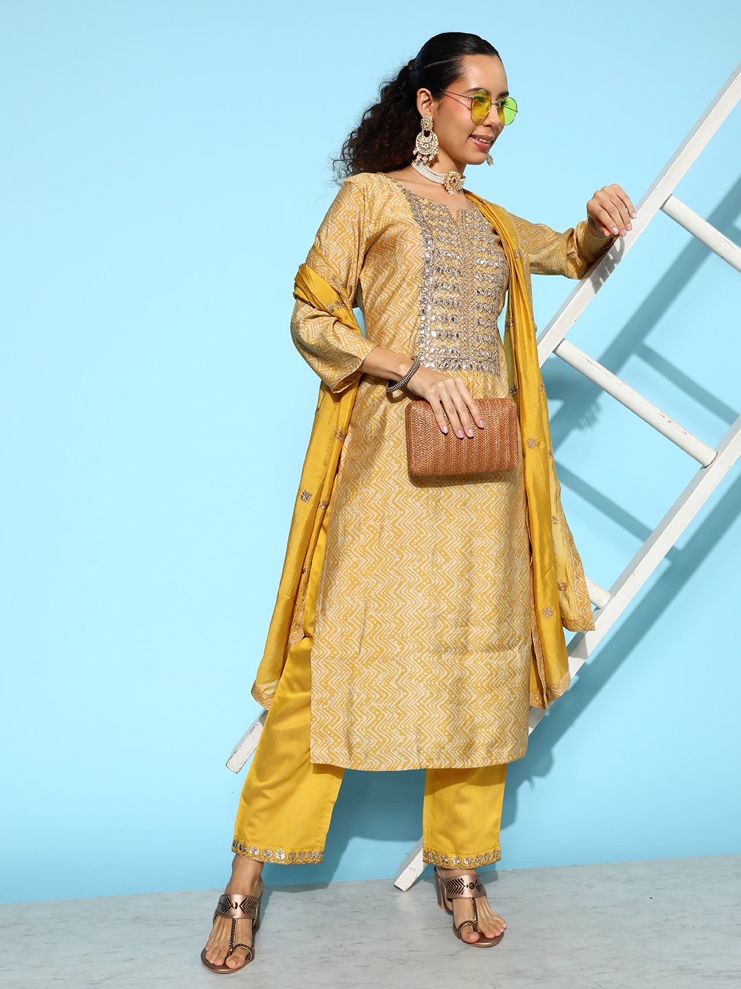 

Varanga Women Mustard Yellow Ethnic Motifs Embroidered Sequinned Kurta Set