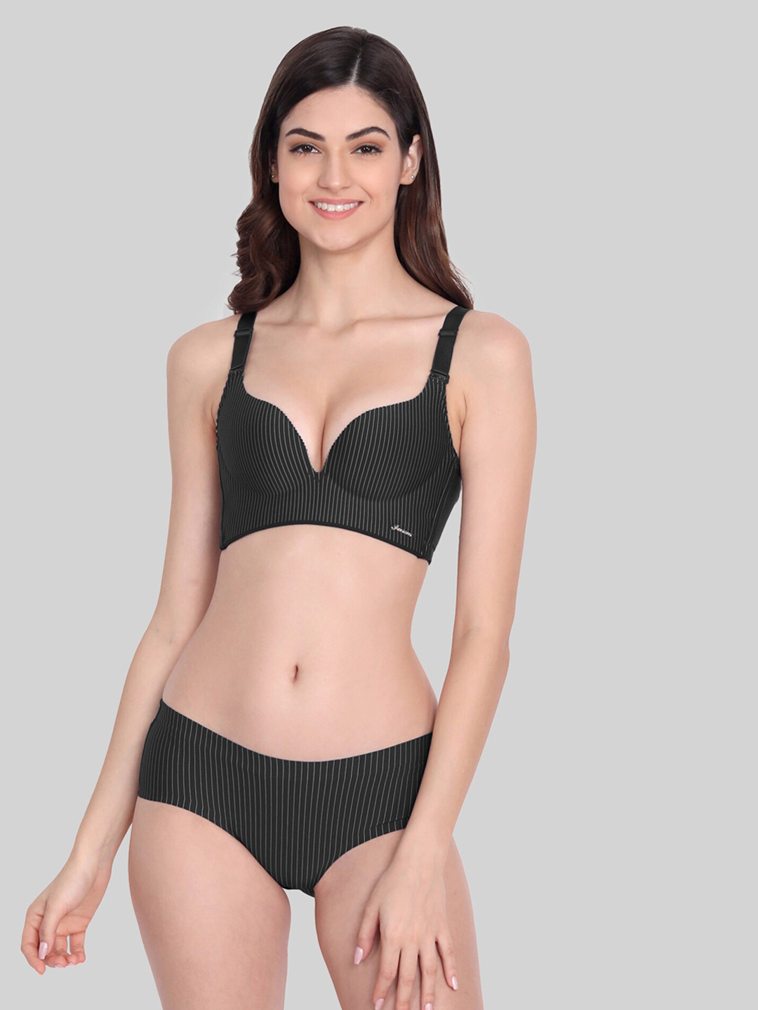 

3mads Striped Lightly Padded Satin Lingerie Set SP004_BK, Black