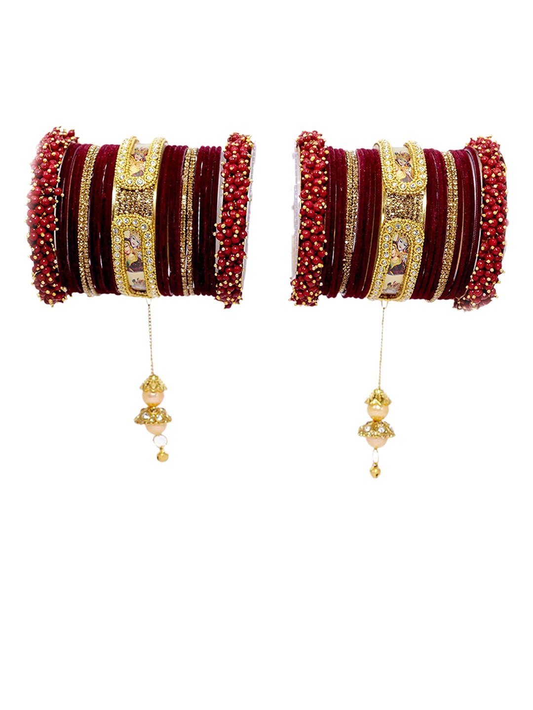 

NMII Set Of 46 Stone-Studded & Pearl Detailed Bangles Set, Maroon